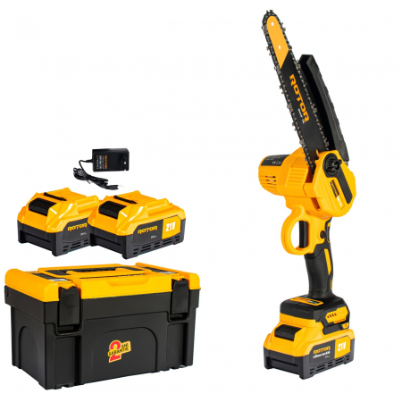 Drujbe pe benzina & electrice - Mini drujba cu acumulator, 2 acumulatori 21V, 4.0 Ah, 900W, lama+lant 20cm, ROTOR