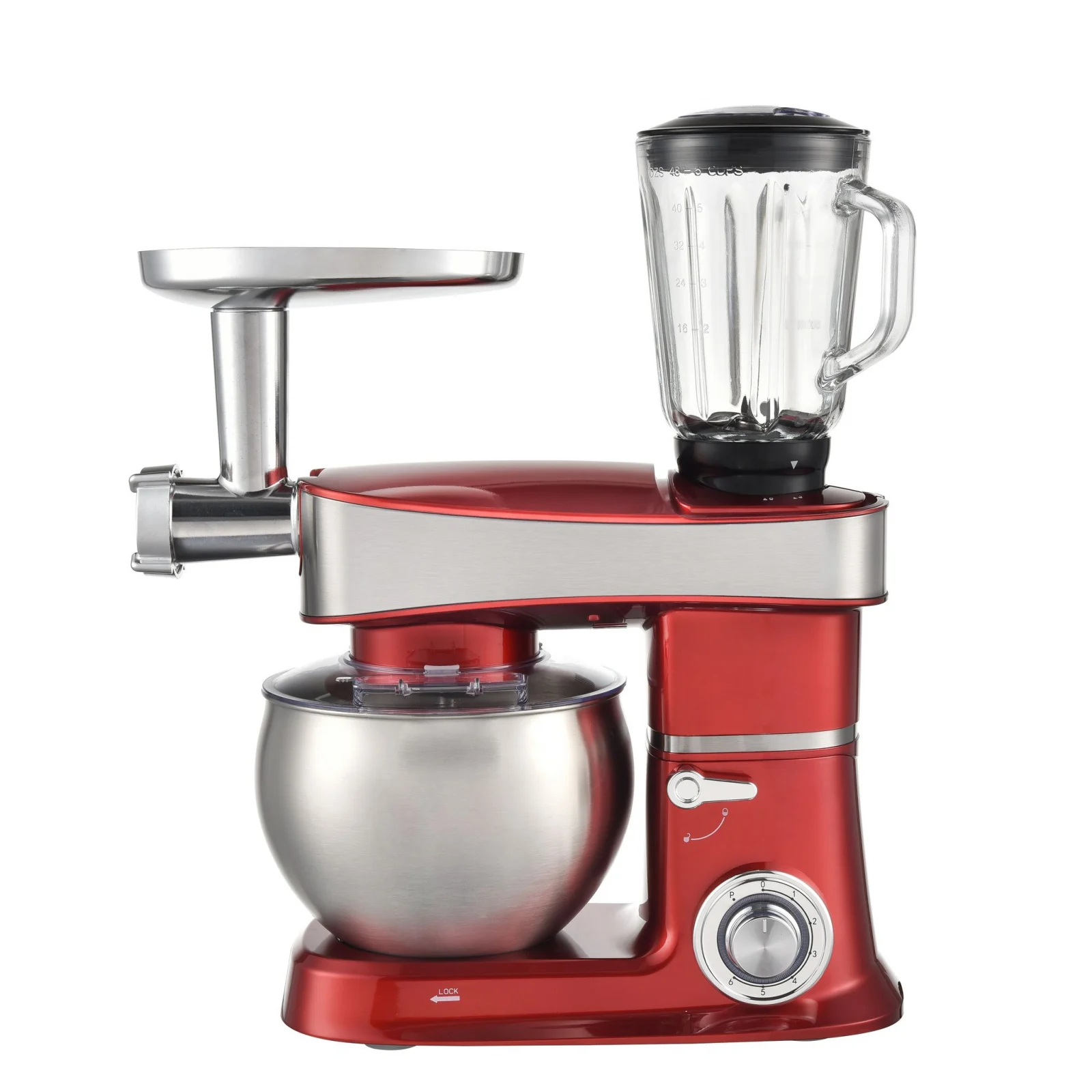 Mixere bucatarie - Mixer cu bol din inox Buntz BMP-1500RD, 1500 W, bol 6 L Inox, 6 viteze, functie Pulse, tocator si blender, Rosu
