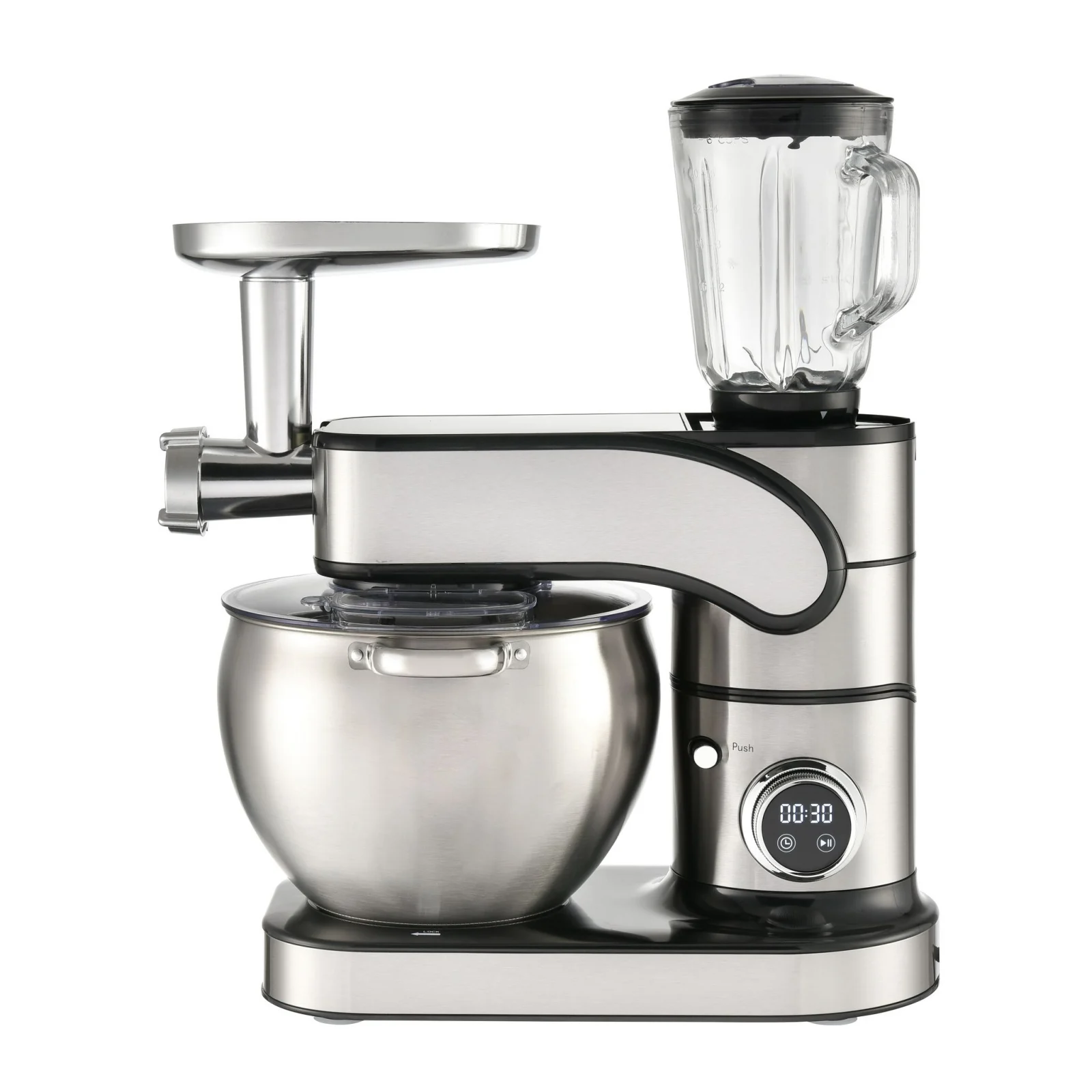 Mixere bucatarie - Mixer cu bol din inox Buntz BMP-2000SL, 2000 W, bol 10 L Inox, 6 Viteze, functie Pulse, display tactil, tocator si blender