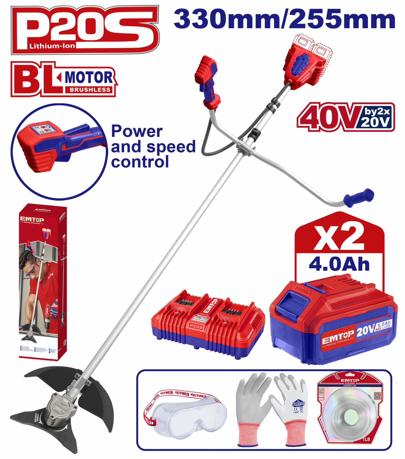 Intretinerea Gazonului - Motocoasa electrica, trimmer cu 2 acumulatori 20V 4.0Ah, Li-ION, 330/255mm, reglarea vitezei, accesorii incluse, EMTOP