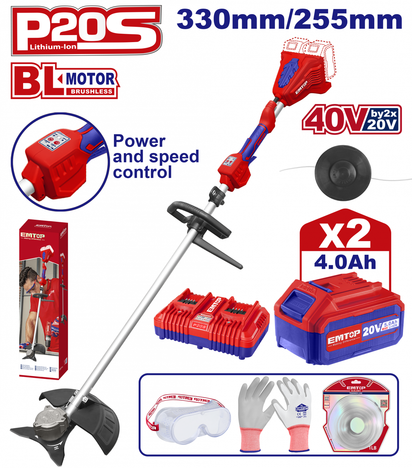 Intretinerea Gazonului - Motocoasa electrica, trimmer cu 2 acumulatori 20V 4.0Ah, Li-ION, 330/255mm, reglarea vitezei, ochelari, manusi, fir trimmer,  EMTOP