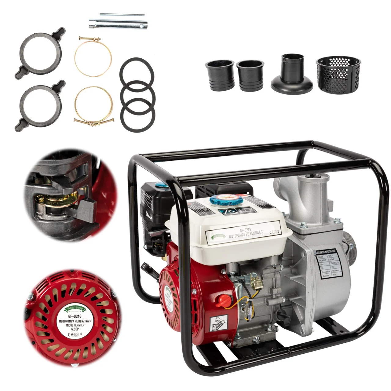 Motopompa pe benzina, 4 timpi, 3"tol, 60 mc/h, 196 Cc, 6.5 Cp, aspiratie 7m, accesorii incluse, Micul Fermier [4]