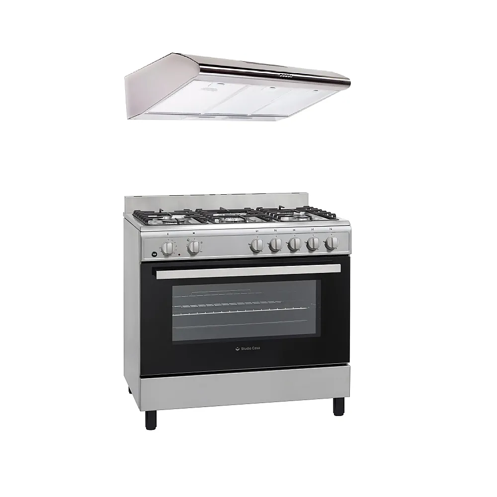 Casa & Gradina - Pachet Aragaz 5 arzatoare pe gaz, cuptor pe gaz, 90 cm, aprindere electrica, grill, rotisor, Hota clasica, 90 cm, inox, 2 motoare, 348 m3/h,, Studio Casa