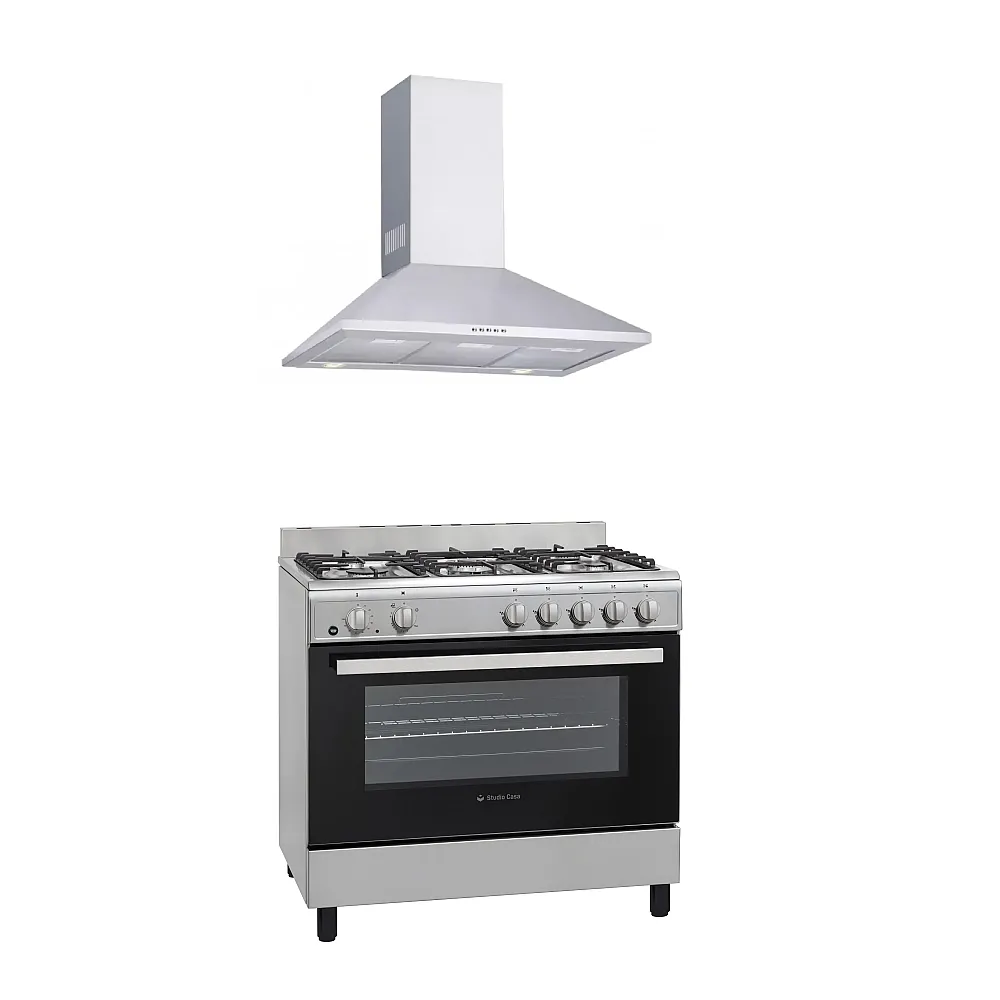 Pachete Incorporabile - Pachet Aragaz 5 arzatoare pe gaz, cuptor pe gaz, 90 cm, aprindere electrica, grill, rotisor, Hota decorativa, 90 cm, inox, 1 motor turbo, Studio Casa