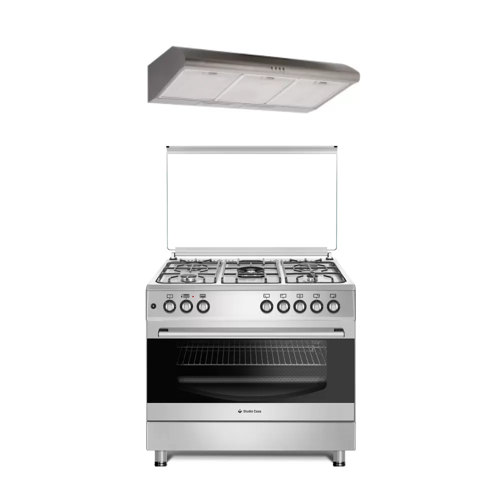 Pachete Incorporabile - Pachet Aragaz 5 arzatoare pe gaz, cuptor pe gaz, timer, 90 cm, aprindere electrica, grill, rotisor, Hota clasica, 90 cm, inox, 2 motoare, 348 m3/h,, Studio Casa