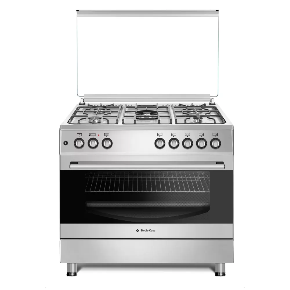 Pachet Aragaz 5 arzatoare pe gaz, cuptor pe gaz, timer, 90 cm, aprindere electrica, grill, rotisor, Hota clasica, 90 cm, inox, 2 motoare, 348 m3/h,, Studio Casa [1]