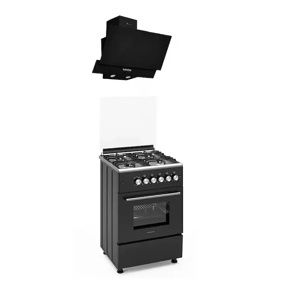 Pachete Incorporabile - Pachet Aragaz clasic 4 arzatoare gaz, plita inox, aprindere electrica, 60 cm, cuptor pe gaz, ventilatie, rotisor, grill, Hota decorativa sticla neagra, 1 motor, 3 viteze, 60 cm, Studio Casa Glam Marco