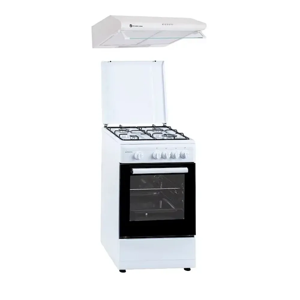 Pachete Incorporabile - Pachet Aragaz cu cuptor gaz, 50 x 55 cm, 4 arzatoare, valva siguranta, Hota traditionala, 2 motoare, 3 viteze, 299-483m3/h, Alb, Studio Casa