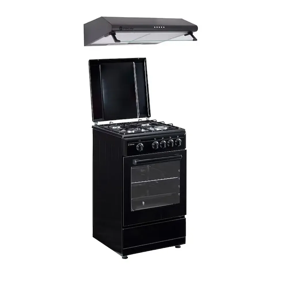 Pachete Incorporabile - Pachet Aragaz cu cuptor gaz, 50 x 55 cm, 4 arzatoare, valva siguranta, Hota traditionala, 2 motoare, 3 viteze, 483 m3/h, Negru, Studio Casa