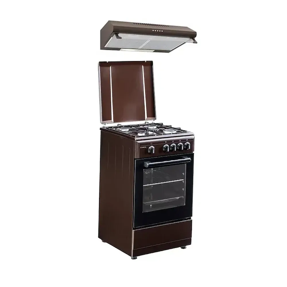 Pachete Incorporabile - Pachet Aragaz cu cuptor gaz, 50 x 55 cm, 4 arzatoare, valva siguranta, Hota traditionala, 2 motoare, 3 viteze, 520 m3/h, Maro, Studio Casa