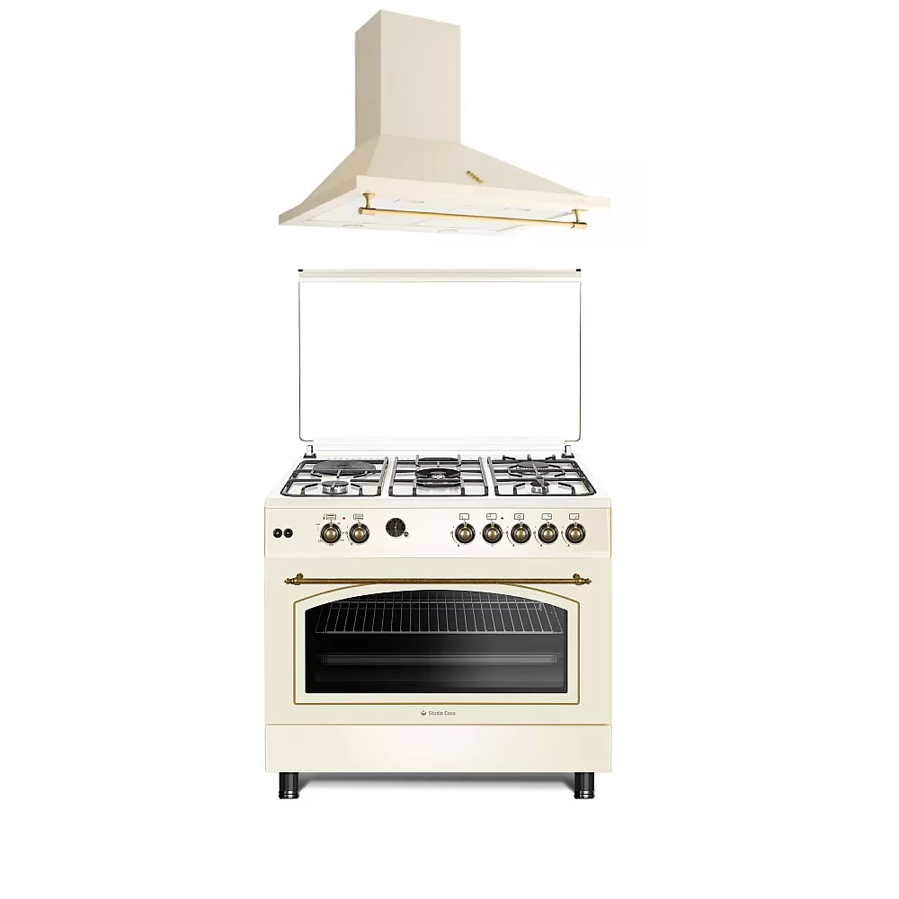 Pachete Incorporabile - Pachet Aragaz cu cuptor pe gaz, grill, rotisor, gratare fonta, 90 cm, 4+1 ( 1 electric ), Hota decorativa, 90 cm, 2 motoare, 645 m3/h, Beige Rustic, Studio Casa