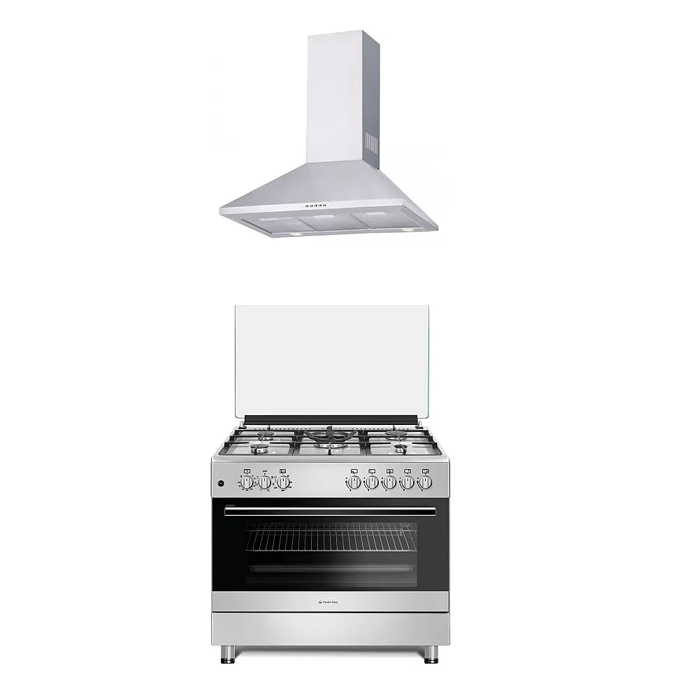 Pachete Incorporabile - Pachet Aragaz mixt, 5 arzatoare pe gaz, cuptor electric, 90 cm, aprindere electrica, grill, rotisor, Hota decorativa, 90 cm, inox, 1 motor turbo, Studio Casa