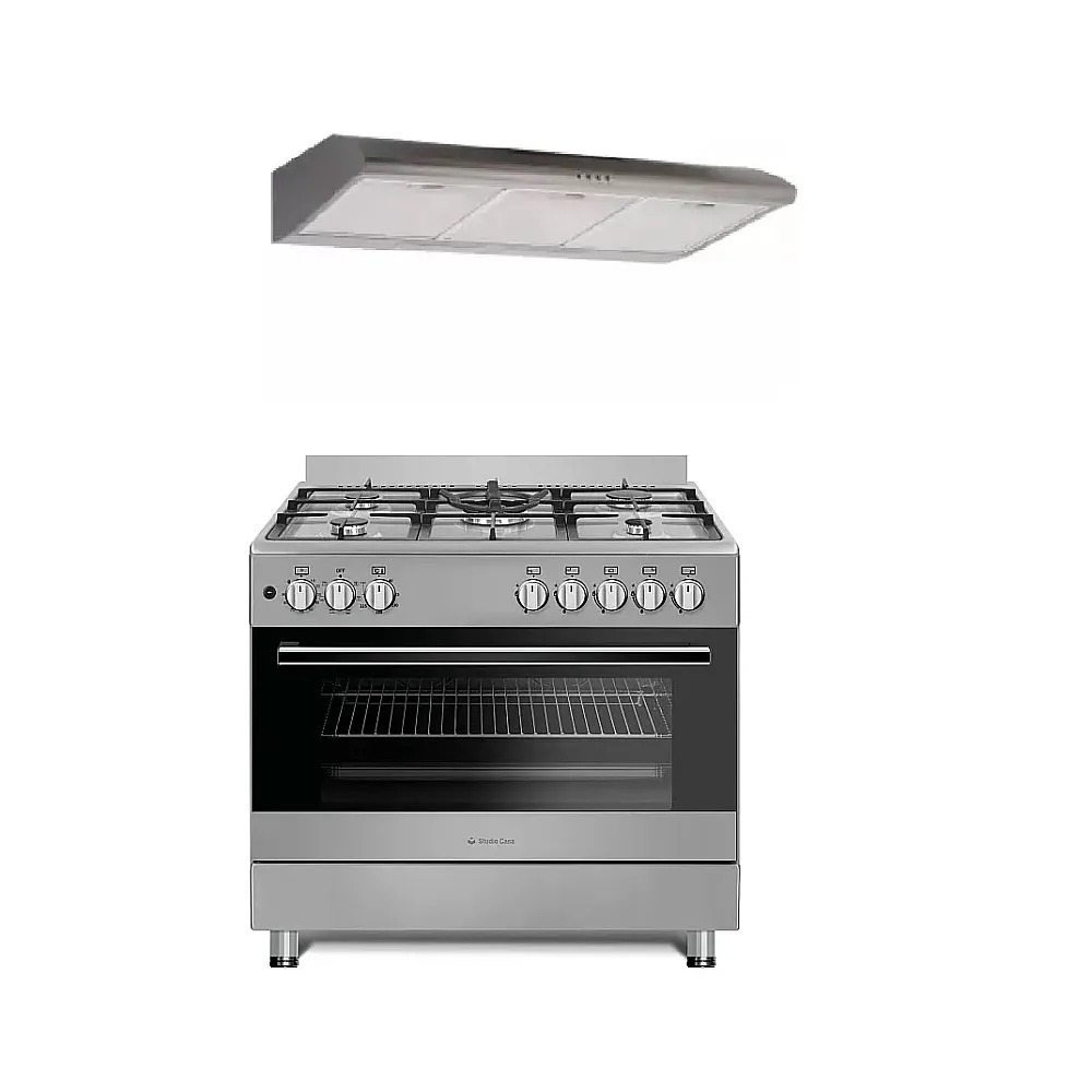 Pachete Incorporabile - Pachet Aragaz multifunctional cu cuptor electric, 5 arzatoare gaz, grill, rotisor, ventilatie, 90 cm,  Hota clasica 90 cm, 2 motoare, 348 m3/h, Studio Casa