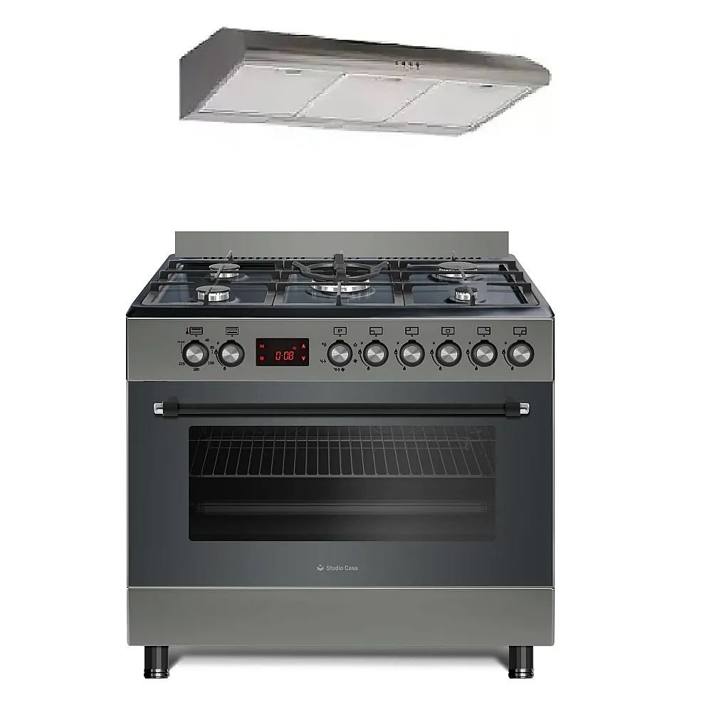 Pachete Incorporabile - Pachet Aragaz pe gaz, 90 cm, 5 arzatoare gaz, cuptor gaz, rotisor, aprindere electrica, timer, Hota clasica, 90 cm, Inox, 348m3/h, 2 motoare, Studio Casa Nando Graphite Grey