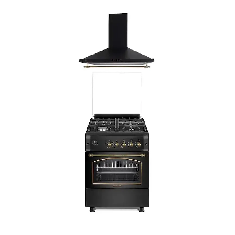 Pachete Incorporabile - Pachet Aragaz rustic 4 arzatoare gaz, cuptor pe gaz, 60 cm, rotisor, grill, ventilatie, termostat, Hota rustica decorativa, 1 motor turbo, 2 filtre aluminiu, Antracit, Studio Casa Viva Sierra