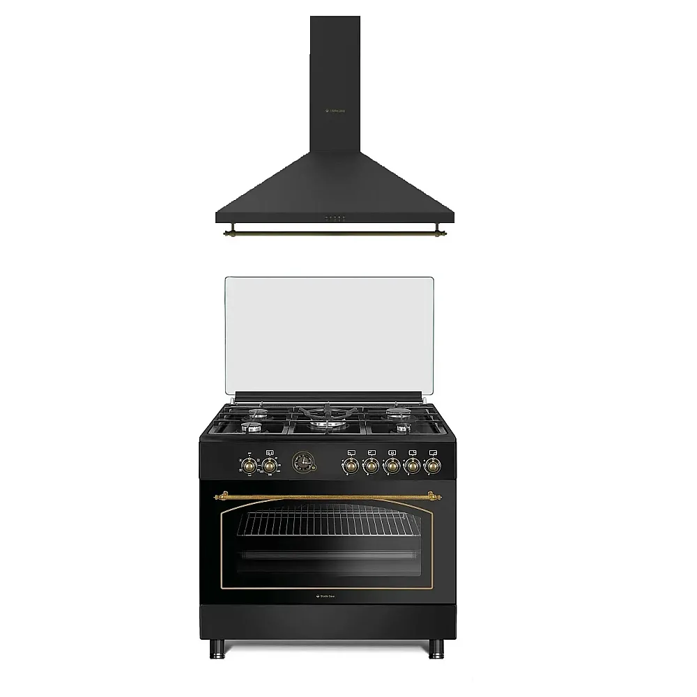 Pachete Incorporabile - Pachet Aragaz rustic 90 cm, 5 arzatoare pe gaz, cuptor electric, rotisor, ventilatie, Hota rustica clasica, 90 cm, Antracit, Studio Casa Ravena Antracit