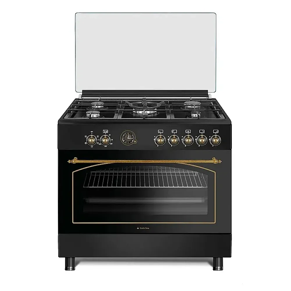 Pachet Aragaz rustic 90 cm, 5 arzatoare pe gaz, cuptor electric, rotisor, ventilatie, Hota rustica clasica, 90 cm, Antracit, Studio Casa Ravena Antracit [1]