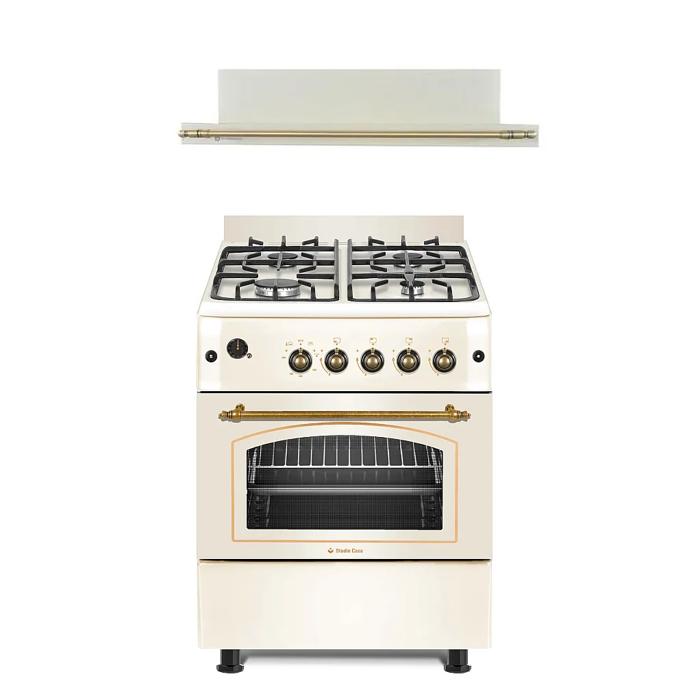 Pachete Incorporabile - Pachet Aragaz rustic cu cuptor pe gaz, 4 arzatoare gaz, ventilatie, grill, Hota telescopica incorporabila, 60cm, Beige, Studio Casa SIENNA
