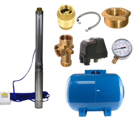 Pompe Submersibile - Pachet Hidrofor Pompa submersibila, 1800W, 12 turbine, 14 m³/h, 10m cablu + bazin 50 L, 10 bar, accesorii, DRK