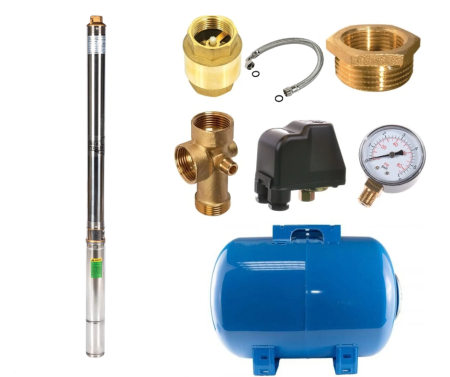 Pompe Adancime - Pachet Hidrofor Pompa submersibila, 750W, 24 turbine, 3.6 m³/h, 77mm, 15m cablu + bazin 50 L, 10 bar, accesorii, Micul Fermier