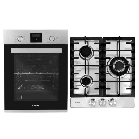 Pachete Incorporabile - Pachet incorporabil, Cuptor electric 47 L, putere 1900W, ventilatie, Plita incorporabila, inox, 3 arzatoare gaz, gratare fonta, aprindere electrica, SAMUS
