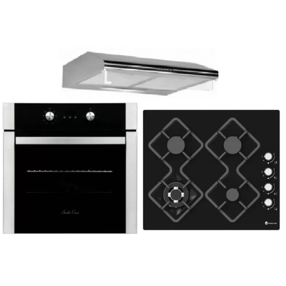 Pachete Incorporabile - Pachet incorporabil, Cuptor electric 56 L, 8 functii, grill, ventilatie, Plita pe gaz, aprindere electrica, 4 arzatoare, sticla, Hota traditionala, 2 motoare, 3 trepte, Studio Casa Electric Venezia