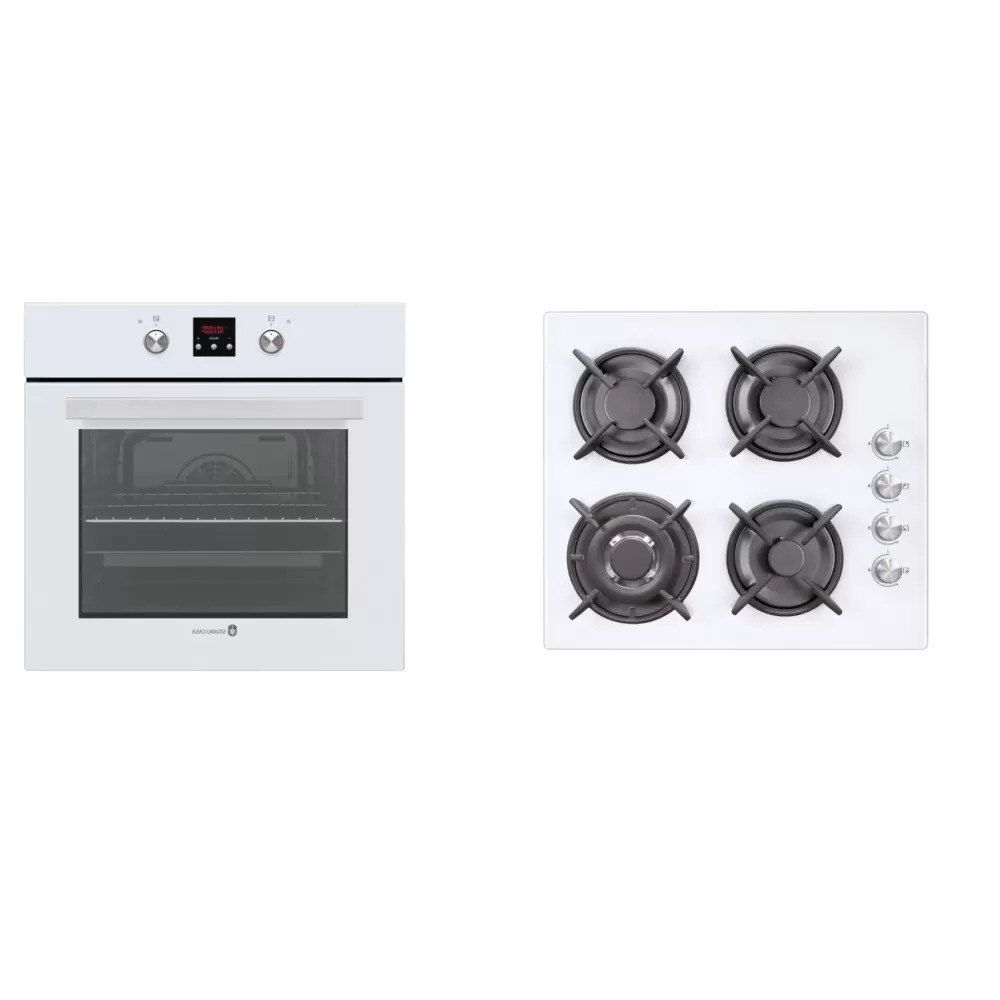 Pachete Incorporabile - Pachet incorporabil, Cuptor electric 56 L, clasa a, timer, 8 functii, ventilatie, grill, Plita pe gaz, sticla alba, 4 arzatoare, aprindere electrica, Studio Casa Venezia Clasic