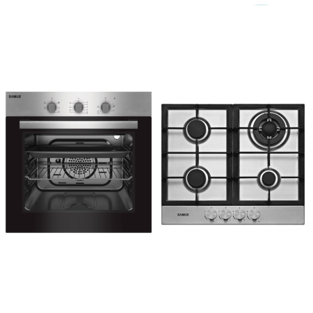 Pachete Incorporabile - Pachet incorporabil, Cuptor electric, 56 litri, 5 functii, ventilator, putere 2200 W, Plita incorporabila, 58 cm, aprindere electrica, INOX, SAMUS