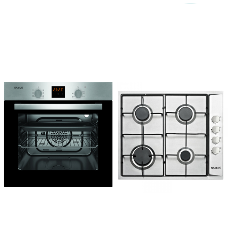 Pachete Incorporabile - Pachet incorporabil, Cuptor electric, 56 litri, 7 functii, ventilator, putere 2200 W, Plita incorporabila, 58 cm, aprindere electrica, INOX, SAMUS