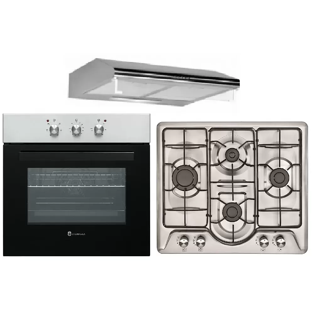 Pachete Incorporabile - Pachet incorporabil, Cuptor electric 65 L, grill, ventilatie, clasa A, 6 functii, Plita pe gaz, inox, aprindere electrica, 60 cm, Hota clasica inox, 2 motoare, 60 cm, Studio Casa Roma Clasic Caro