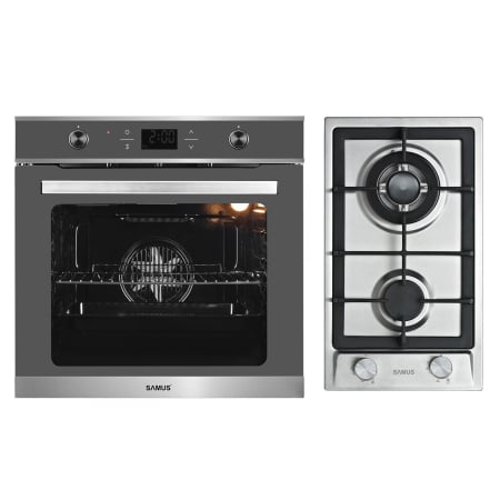 Pachete Incorporabile - Pachet incorporabil, Cuptor electric 75 L, putere 2800W, clasa A, display, Plita incorporabila, inox, 2 arzatoare gaz, gratare fonta, aprindere electrica, SAMUS