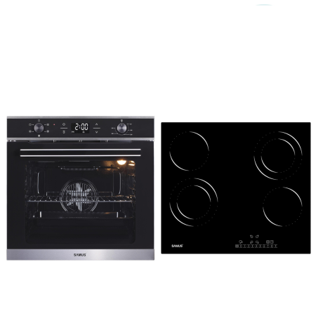 Pachete Incorporabile - Pachet incorporabil, Cuptor electric, 75 litri, putere 2000 W, 5 functii, ventilator, display digital, Plita incorporabila vitroceramica, 4 zone, 60 cm, sticla, SAMUS
