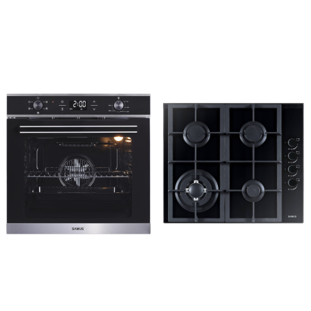 Pachete Incorporabile - Pachet incorporabil, Cuptor electric, 75 litri, putere 2000 W, 5 functii, ventilator, display digital, clasa A, Plita sticla neagra, 58 cm, 4 arzatoare, gratare fonta, aprindere eletrica, SAMUS