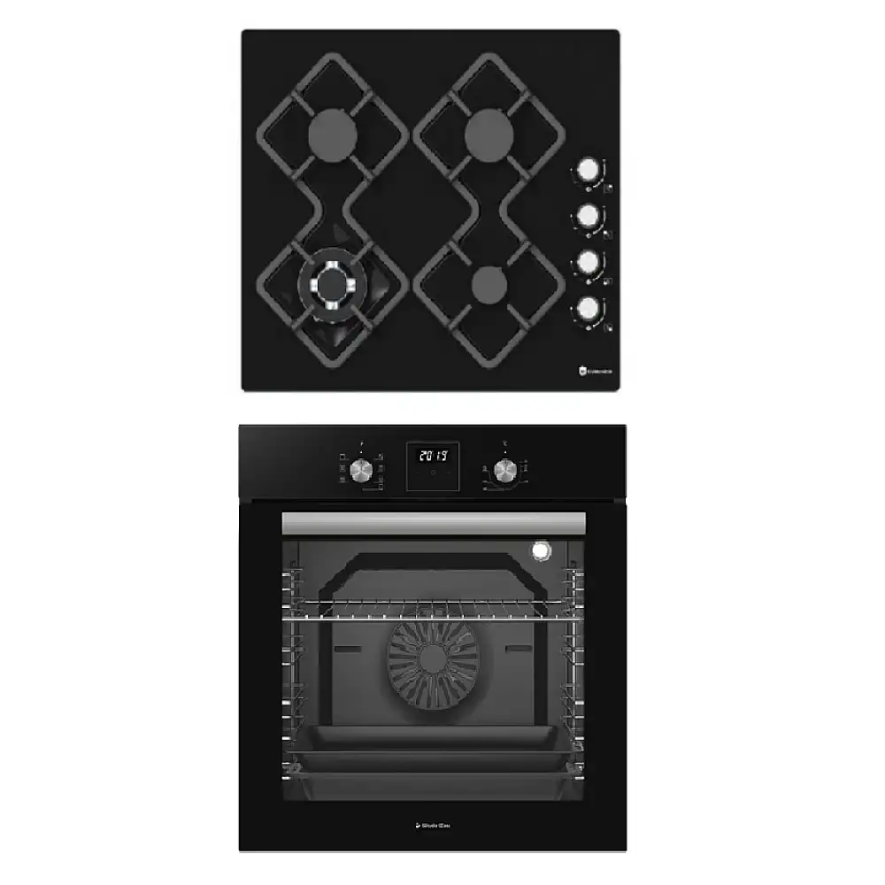 Pachete Incorporabile - Pachet incorporabil, Cuptor electric 80 L, 8 functii, ventilatie, timer, grill, Plita pe gaz, sticla neagra, 4 arzatoare, gratare fonta, Studio Casa Ambra Duet