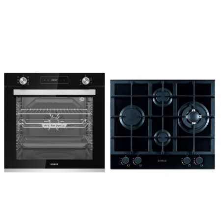 Pachete Incorporabile - Pachet incorporabil, Cuptor electric, 80 litri, 7 functii, convectie, putere 2500 W, ventilator, grill, timer, clasa A, Plita sticla, 4 arzatoare, gratare fonta, aprindere electrica, SAMUS