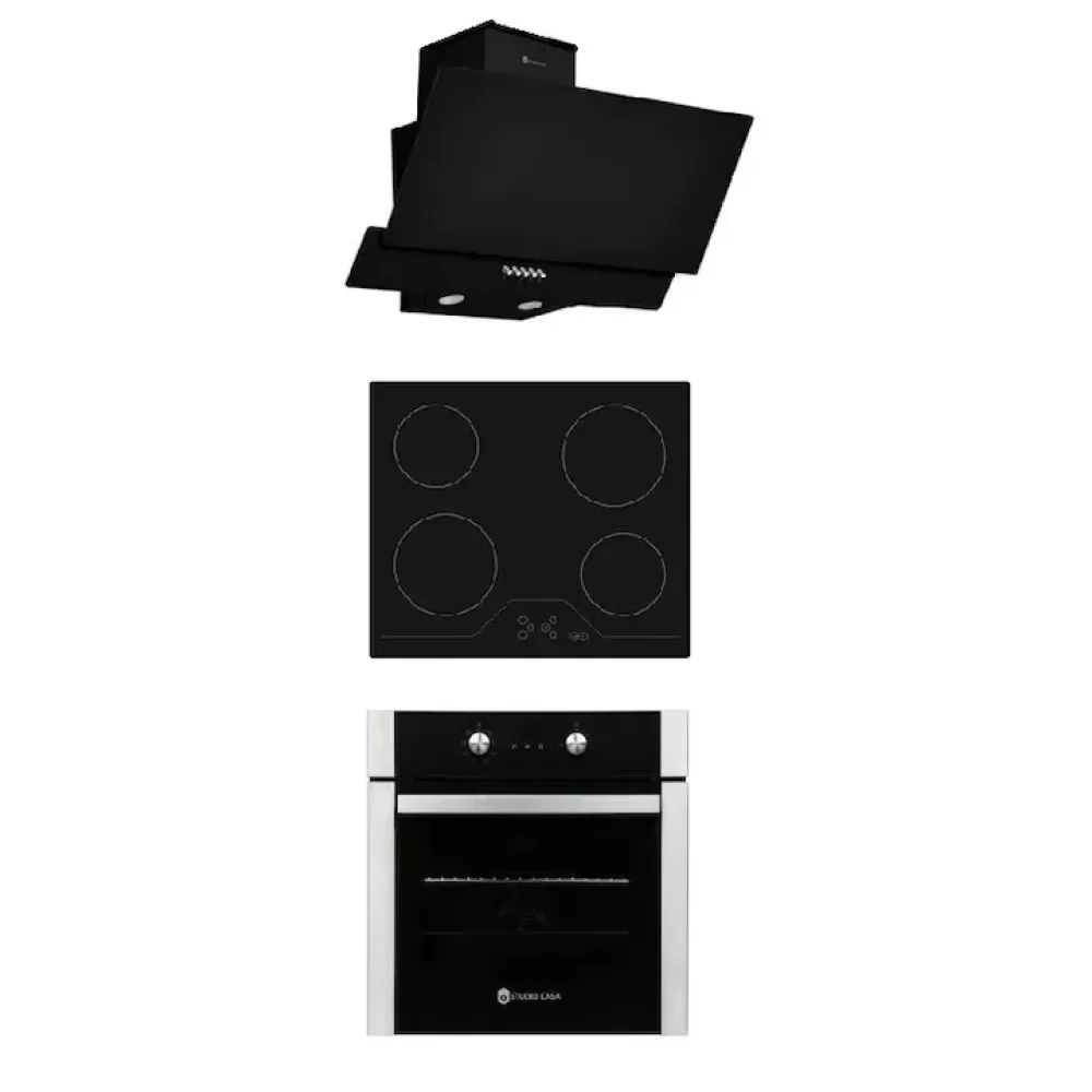 Pachete Incorporabile - Pachet incorporabil, Cuptor electric multifunctional, 8 functii, 56 L, Plita vitroceramica 4 zone, 60 cm, Hota decorativa, sticla Neagra, 60 cm, Studio Casa Electrik Black