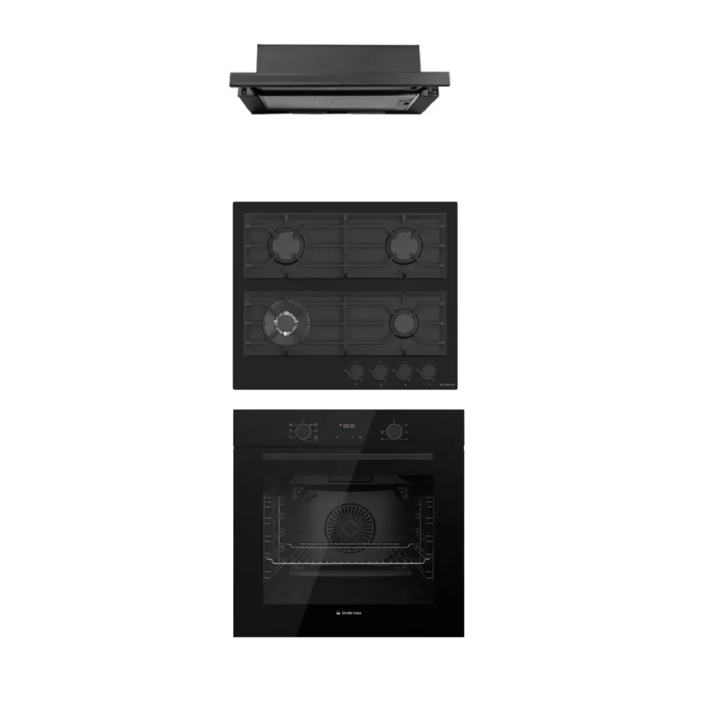 Pachete Incorporabile - Pachet incorporabil, Cuptor electric negru, 78L, 7 functii, autocuratare, ventilatie, Plita sticla neagra 60cm, 4 arzatoare, Hota telescopica neagra, Studio Casa Tele Rialto