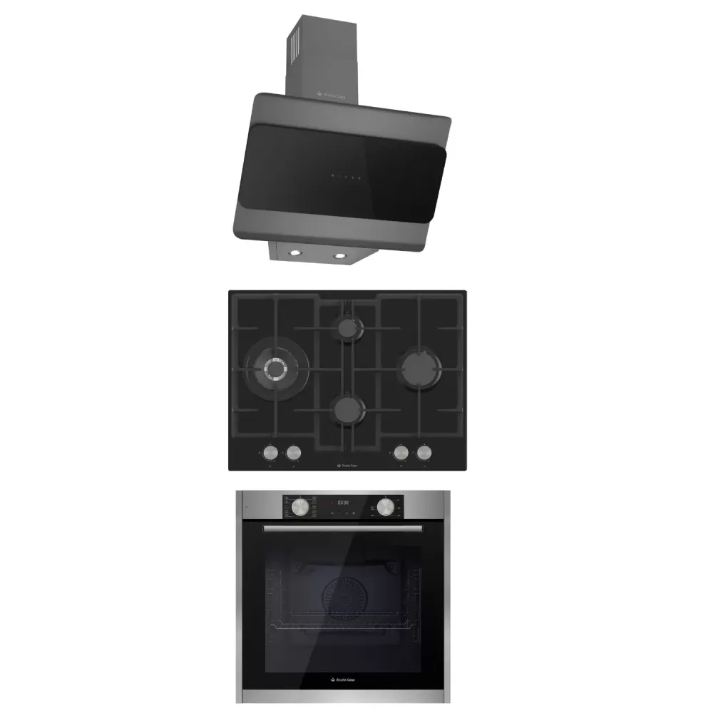 Pachete Incorporabile - Pachet incorporabil, Cuptor electric negru, 81L, 10 functii, Plita sticla neagra 70cm, 4 arzatoare, Hota decorativa sticla neagra/inox, touch screen, Studio Casa Lean Bellagio