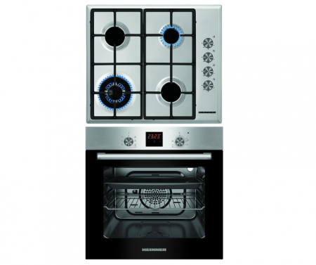 Pachete Incorporabile - Pachet incorporabil Heinner, cuptor electric 56L, 7 programe, grill + plita inox 4 ochiuri aprindere electrica, gratare din fonta