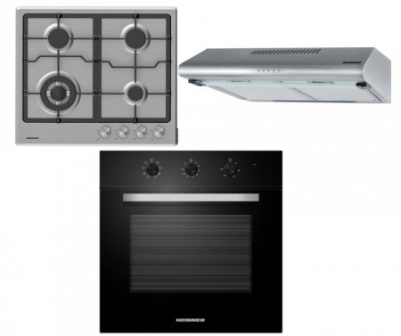Pachete Incorporabile - Pachet incorporabil Heinner, cuptor electric 65L, 8 programe + hota decorativa inox 60 cm + plita inox 4 ochiuri aprindere electrica, gratare din fonta