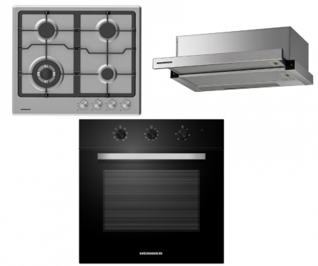Pachete Incorporabile - Pachet incorporabil Heinner, cuptor electric 65L, 8 programe + hota telescopica inox 60 cm + plita inox 4 ochiuri aprindere electrica, gratare din fonta