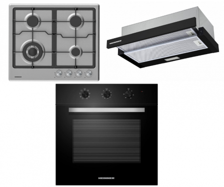 Pachete Incorporabile - Pachet incorporabil Heinner, cuptor electric 65L, 8 programe + hota telescopica negru + inox 60 cm + plita inox 4 ochiuri aprindere electrica, gratare din fonta