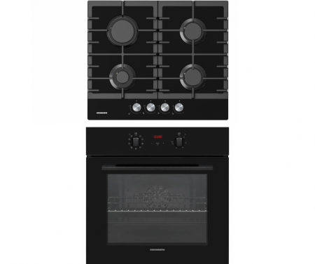 Pachete Incorporabile - Pachet incorporabil Heinner, cuptor electric 69L, 9 programe, grill, autocuratare + plita sticla 4 ochiuri aprindere electrica, gratare din fonta, Heinner