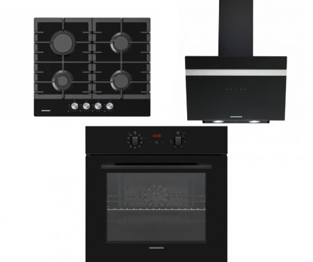 Pachete Incorporabile - Pachet incorporabil Heinner, cuptor electric 69L, 9 programe, grill + hota decorativa sticla 60 cm, 3 trepte + plita sticla 4 ochiuri aprindere electrica, gratare din fonta, Heinner