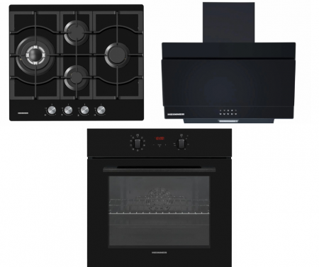 Pachete Incorporabile - Pachet incorporabil Heinner, cuptor electric 69L, 9 programe, grill + hota decorativa sticla 60 cm + plita sticla 4 ochiuri aprindere electrica, gratare din fonta, Heinner