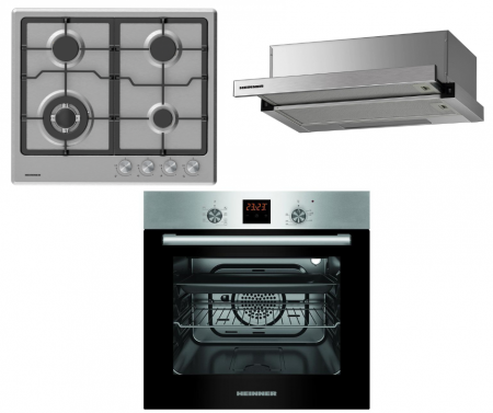 Pachete Incorporabile - Pachet incorporabil Heinner, cuptor electric  inox 56L, 7 programe + hota telescopica inox 60 cm + plita inox 4 ochiuri aprindere electrica, gratare din fonta