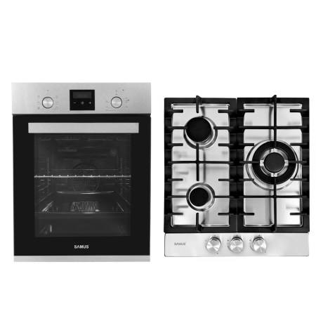 Pachete Incorporabile - Pachet incorporabil Inox, Cuptor electric, 47 Lt, putere 1900W, 45 cm, convectie, 6 functii, ventilator, Plita incorporabila inox, 3 arzatoare, 45 cm, SAMUS