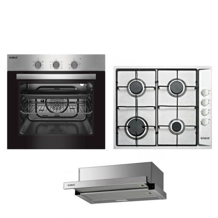 Pachete Incorporabile - Pachet incorporabil Inox, Cuptor electric, 56 Lt, putere 2200W, 60 cm, 5 functii, ventilator, Plita incorporabila inox, 4 arzatoare, 58 cm, Hota telescopica inox, 1 motor, 60 cm, SAMUS