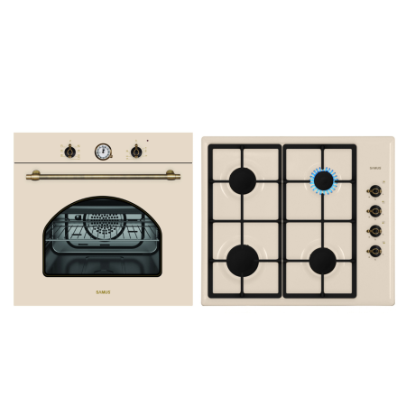 Pachete Incorporabile - Pachet incorporabil rustic, Cuptor electric, 56 L, 7 functii, putere 2200 W, grill, ventilator, clasa A, Plita incorporabila, 4 arzatoare, aprindere electrica, gratare fonta, Beige, SAMUS