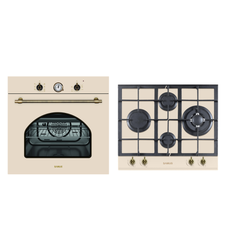 Pachete Incorporabile - Pachet incorporabil rustic, Cuptor electric, 56 L, 7 functii, putere 2200 W, grill, ventilator, clasa A, Plita incorporabila, sticla, 4 arzatoare, aprindere electrica, gratare fonta, Beige, SAMUS